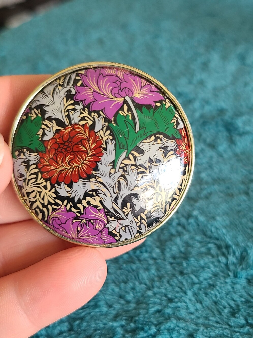 Vintage Round Floral Enamel Brooch in Purple, Green & Red with Gold Trim